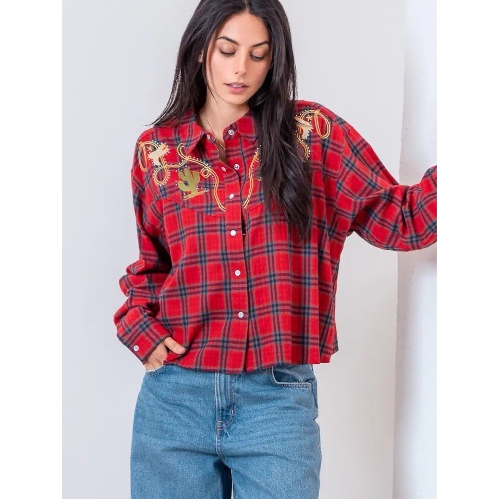 NWT Taelynn Rodeo Trails Embroidered Cropped Flannel Plaid Pearl Snap Shirt Sz M